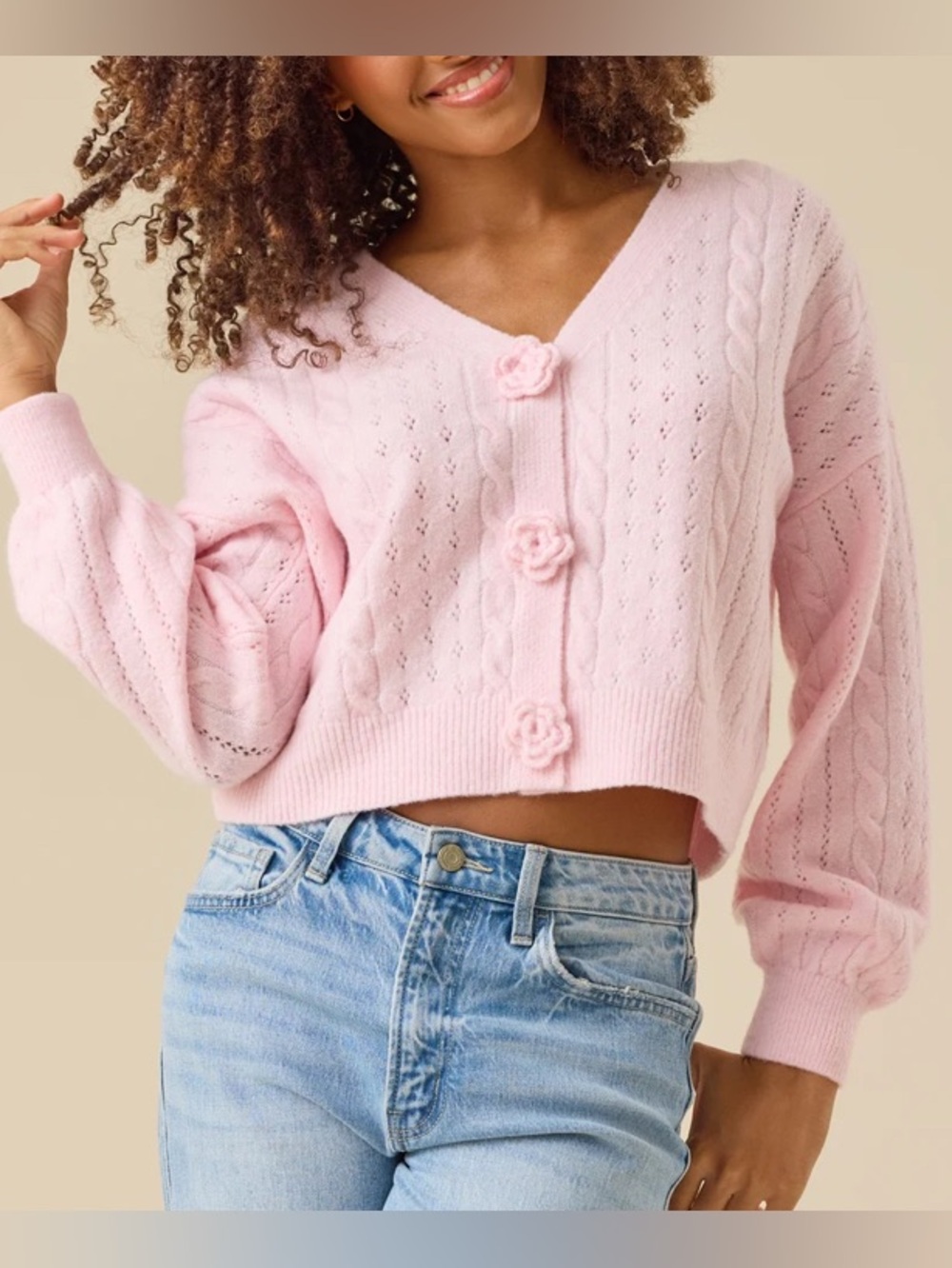 Altar'd State Light Pink Cropped Knit Cardigan with Rose Buttons: Medium - Picture 1 of 6